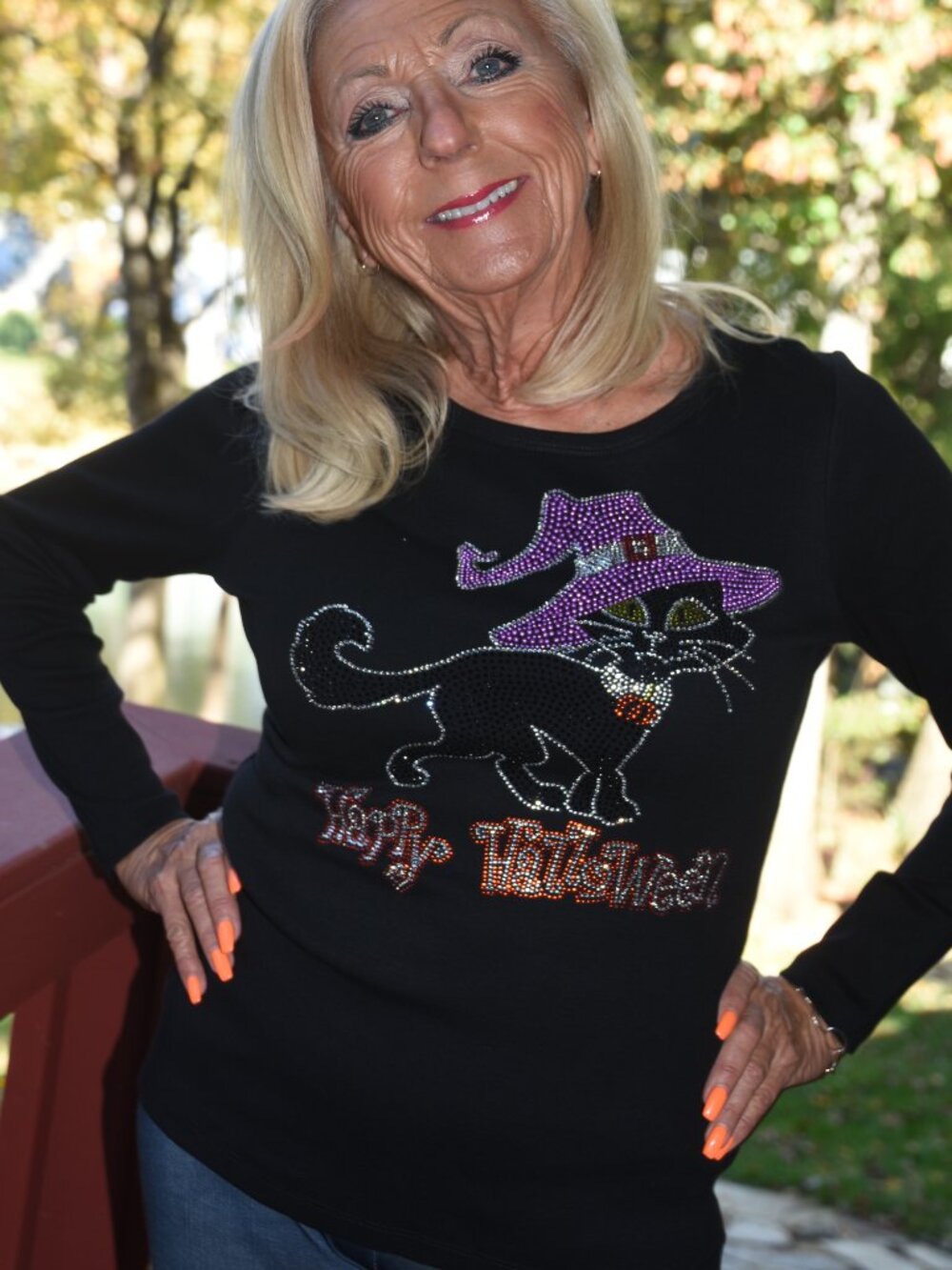 Halloween rhinestone black long sleeve shirt XS S M L XL XXL 1X 2X 3X 4X 5X